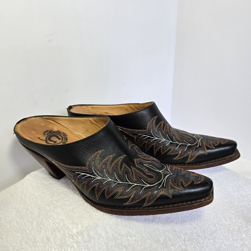 Charli 1 Horse Black  Lucchese Leather Slip On Mule Western Size 6.5 B  Women's